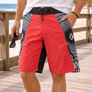 Volcom Orangy Redish Black Board Shorts 33 Mod-Tech Drawstring *Flaws*  Surf Swi